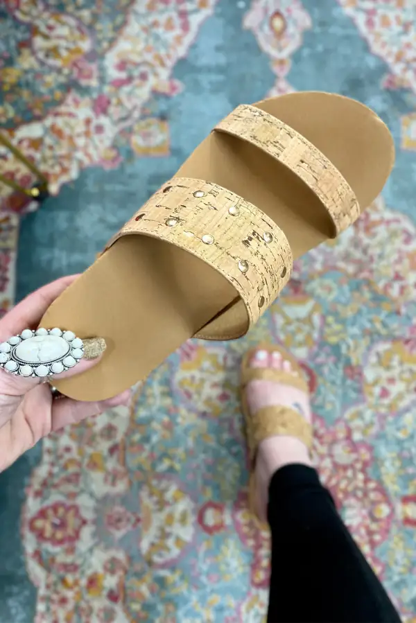 Rivet Double Straps Wedge Slide Slippers