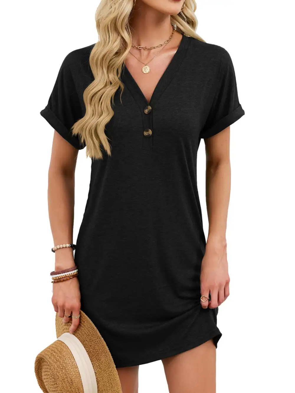 V Neck Short Sleeve Shirt Dress