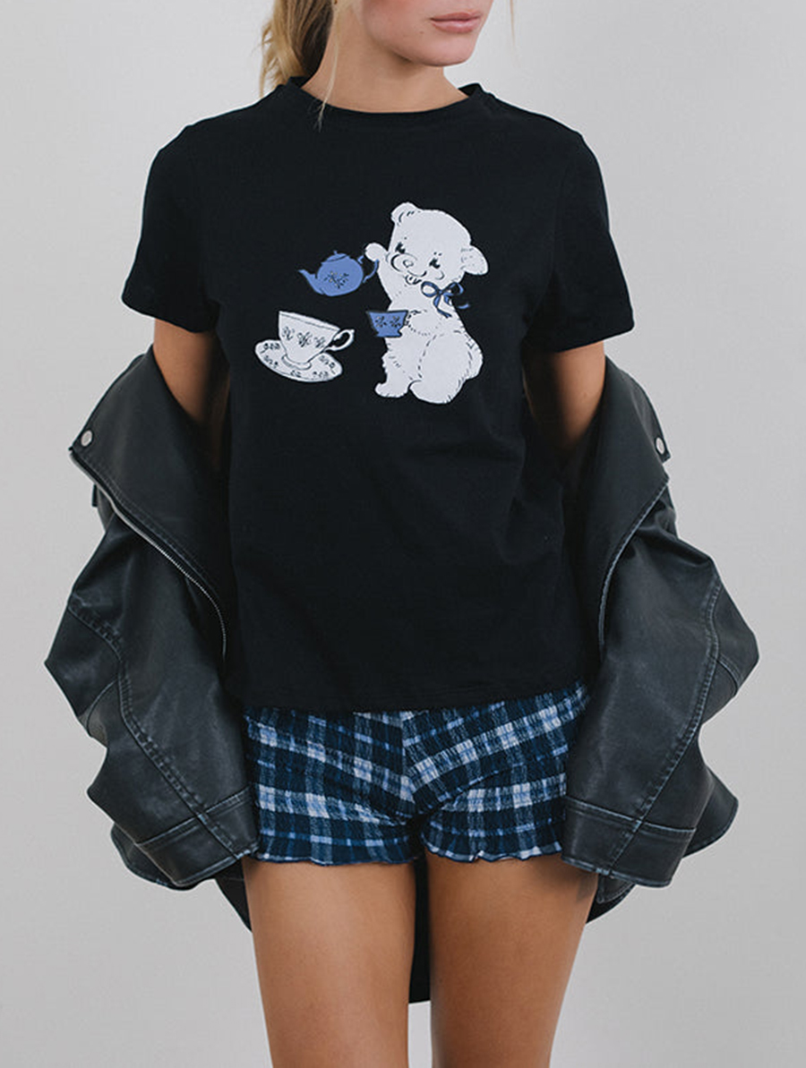 Black With Tea Time Print Tee