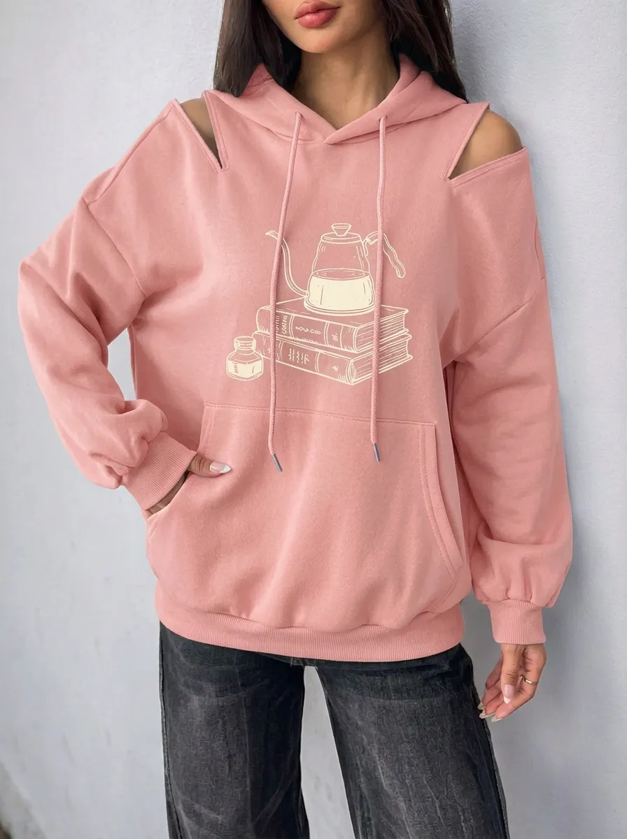 Women's Book Coffee Kettle Stacked Books Graphic Cold-Shoulder Hoodie