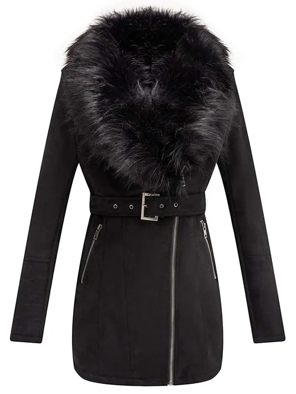 Ladies PU autumn/winter leather jacket with detachable faux fur collar