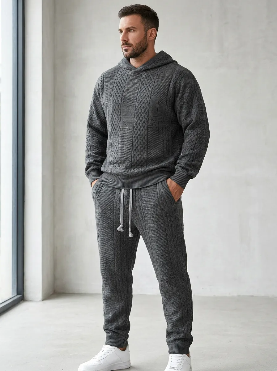 Refined Cable-Knit Men's Knit Hoodie Jogger Set