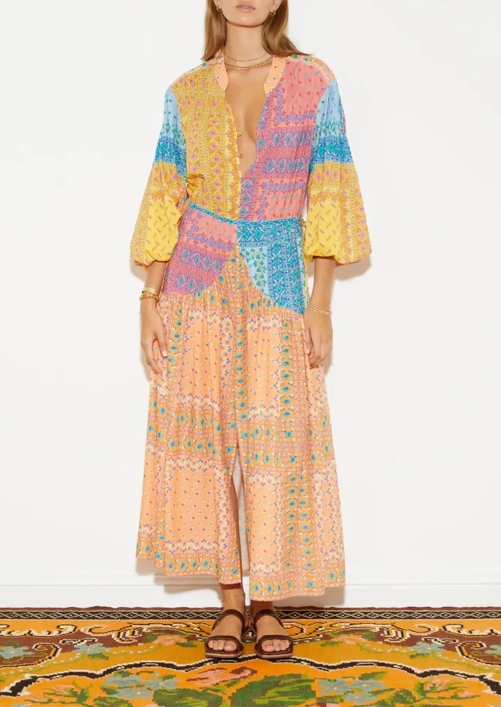CONTRAST COLOR MAXI SMOCK DRESS
