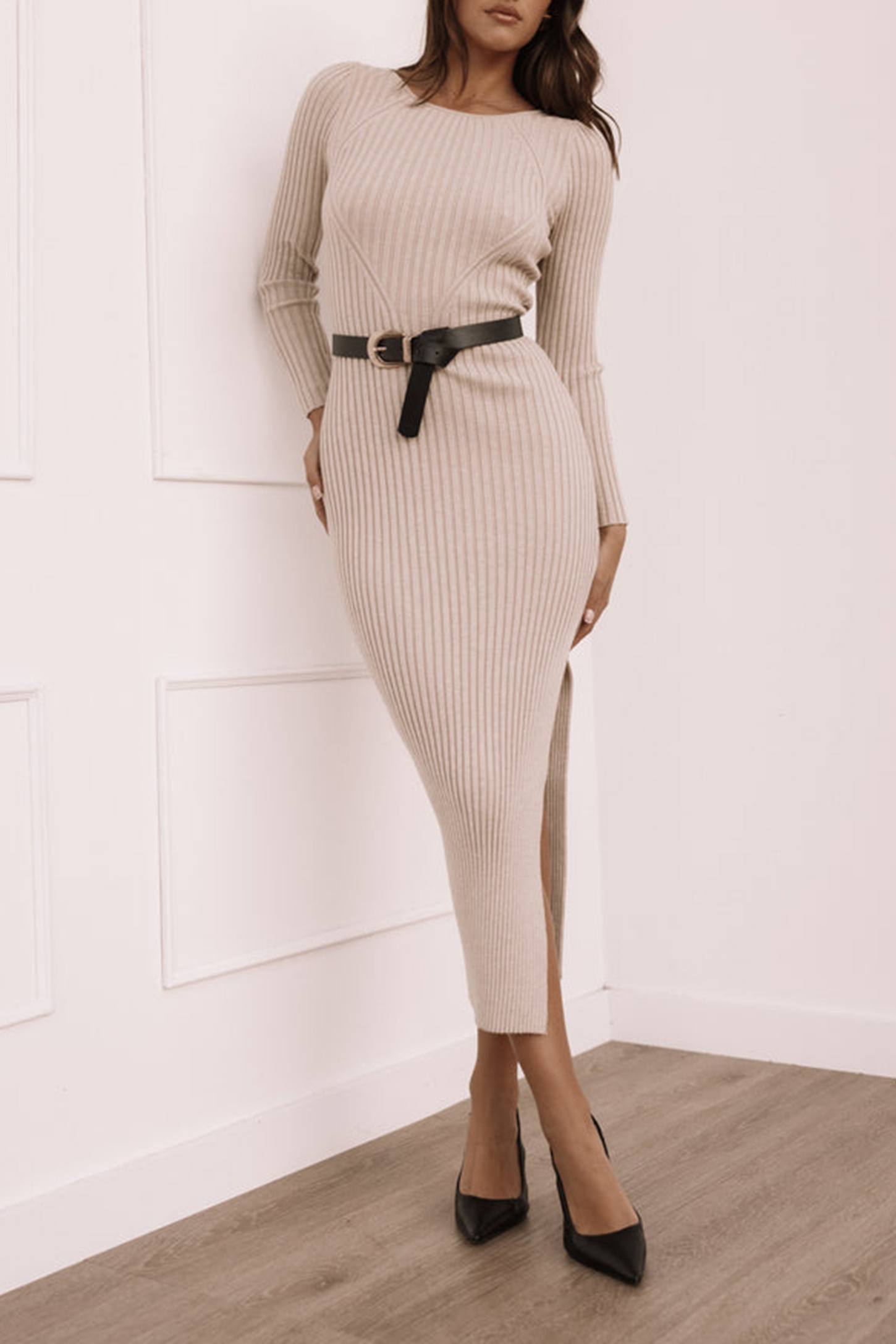 SOLID COLOR STRIPES TEXTURE LONG SLEEVE MIDI DRESS