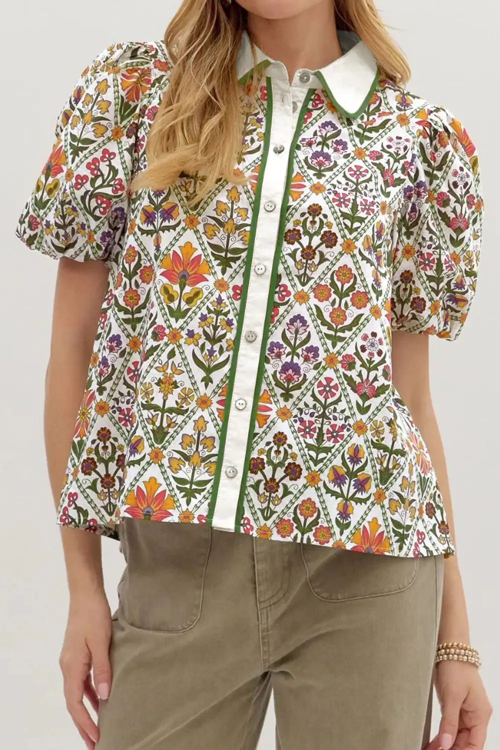 Floral Bubble Sleeve Casual Shirt
