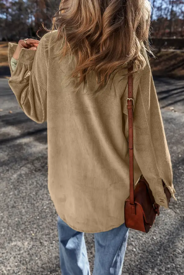 French Patched Pocket Button-Up Corduroy Shirt Jacket