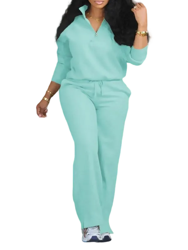 Women's Solid Half Placket Split Hem Pants Set
