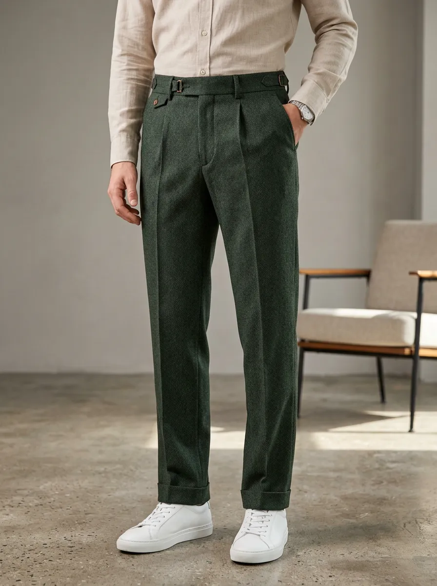 Men's Vintage Style Dark Green Herringbone Pleated Trousers