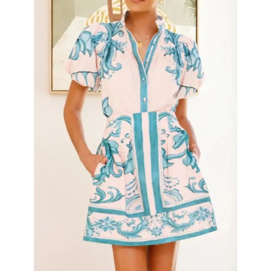 Printed Puff Sleeve Top and Skirt Set