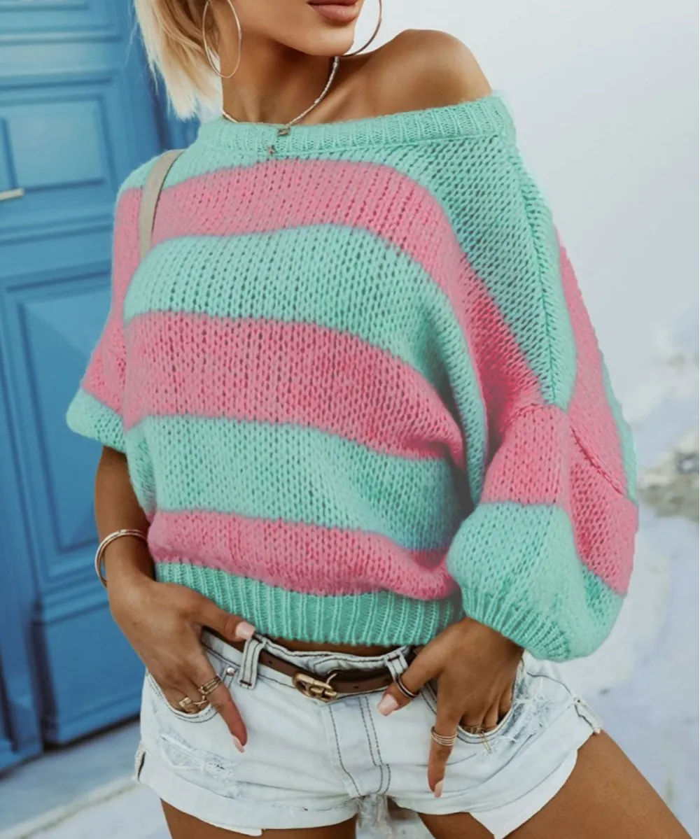 Contrast Striped Drop Shoulder Loose Sweater