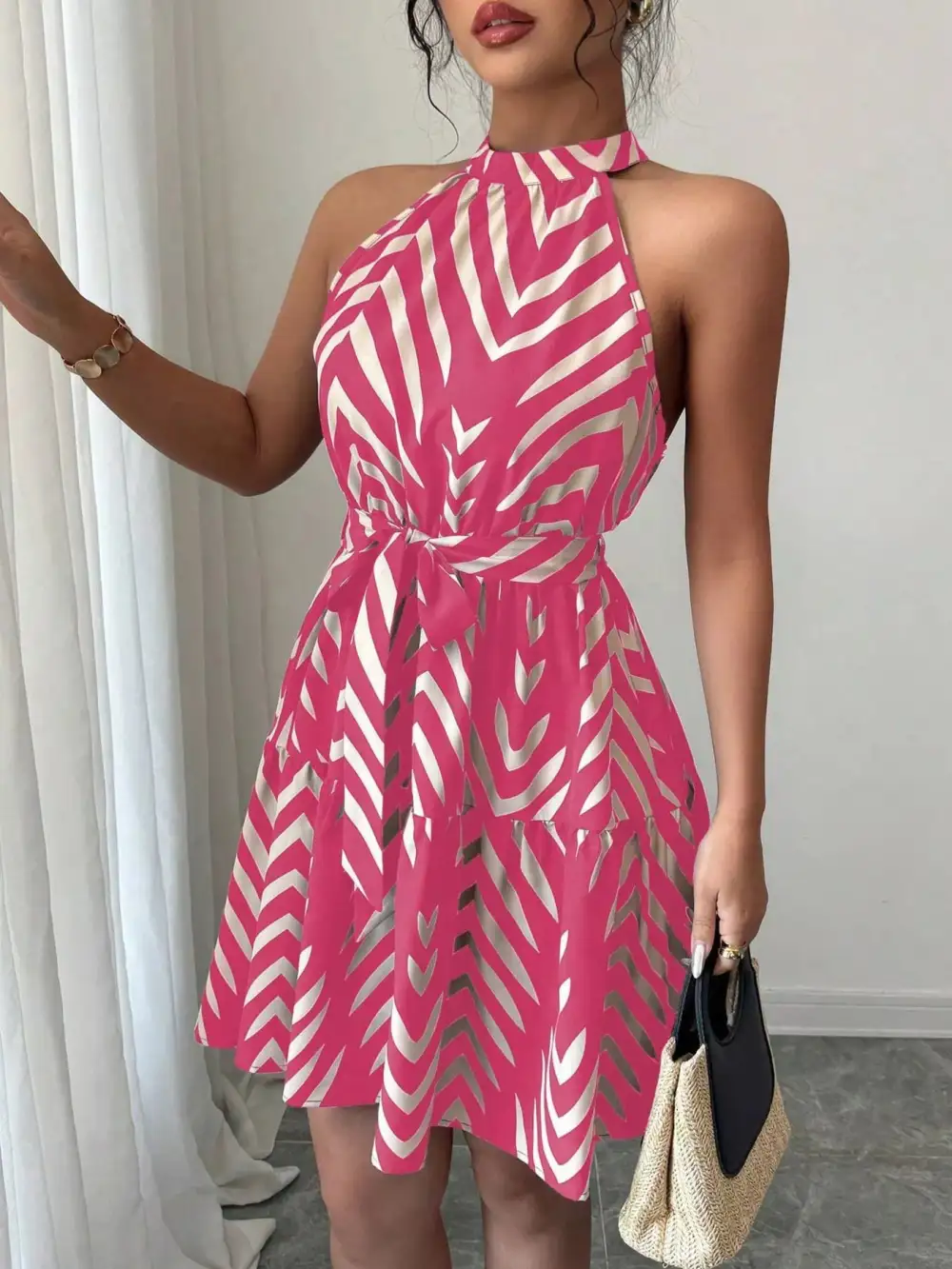 Printed Tie Waist Ruffle Dress Casual
