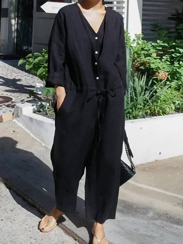 Casual Linnen Jumpsuit Met V Hals