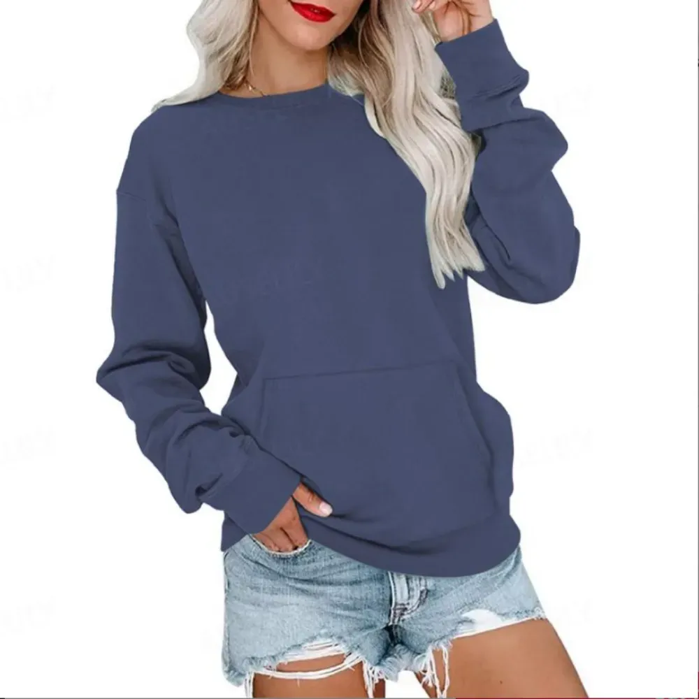 Women's Crewneck Hoodless Sweatshirt With Kangaroo Pocket Fleece Longsleeve Oversized Casual Style Shirt Lightweight Pullover