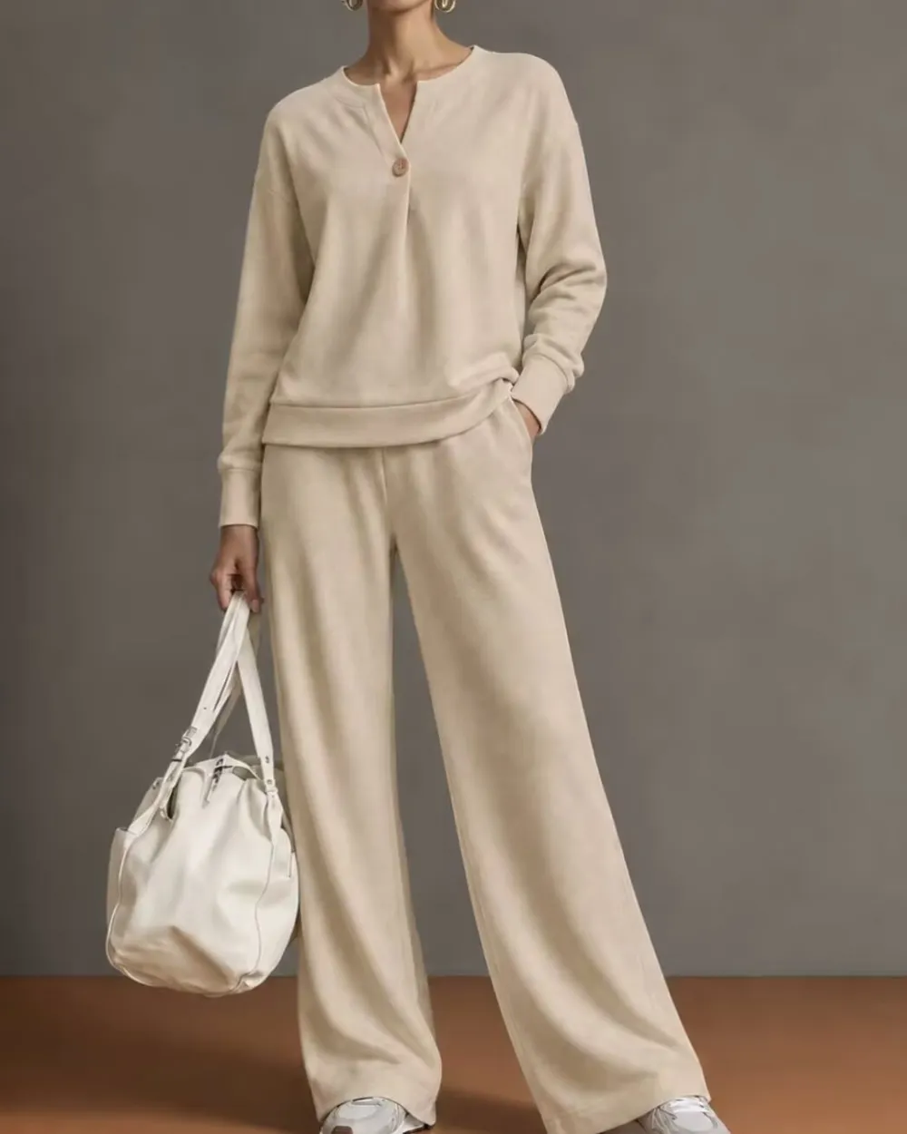 V-Neck One-Button Sweatshirt Set