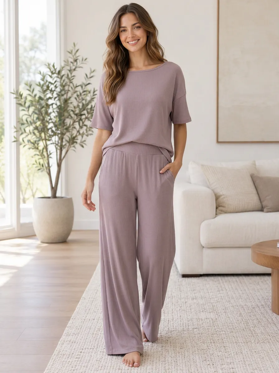 Women's Ribbed Easygoing Lounge Wide Leg Lounge Set