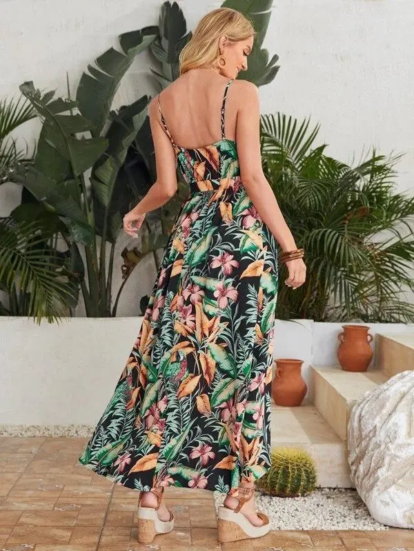 Women Self Belted Tropical Print Cami Dress