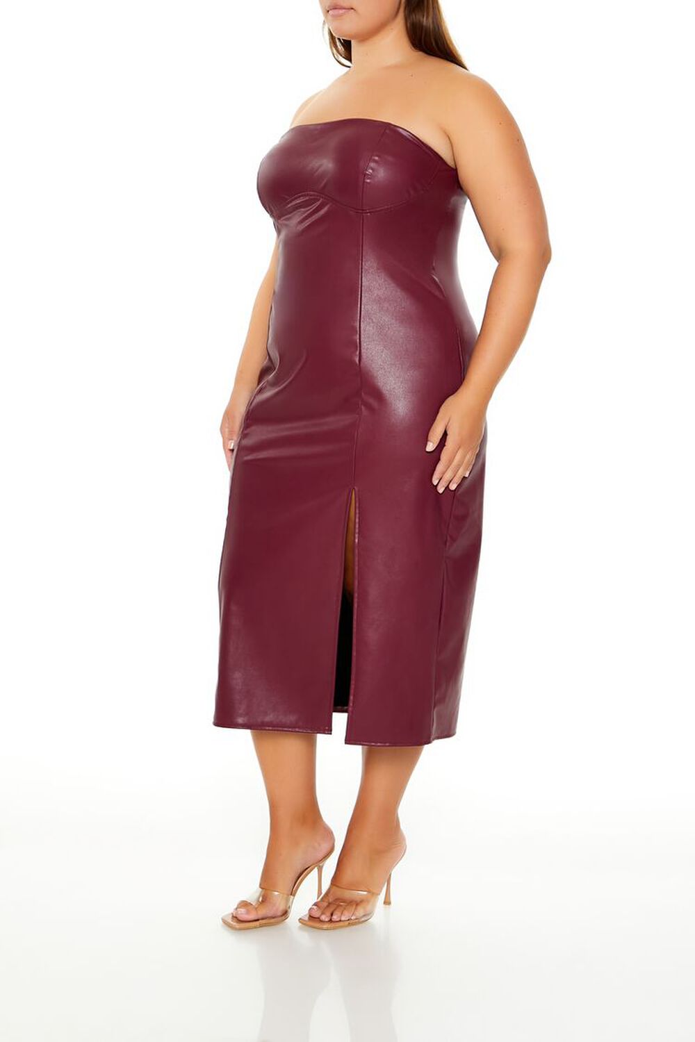 Plus Size Faux Leather Tube Midi Dress