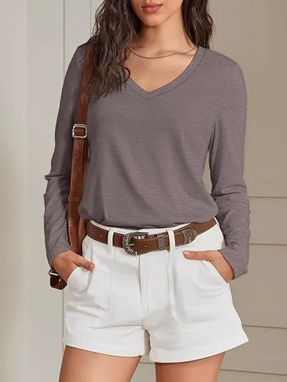 Women's V-Neck Long Sleeve Tee - Soft Curved Hem Top