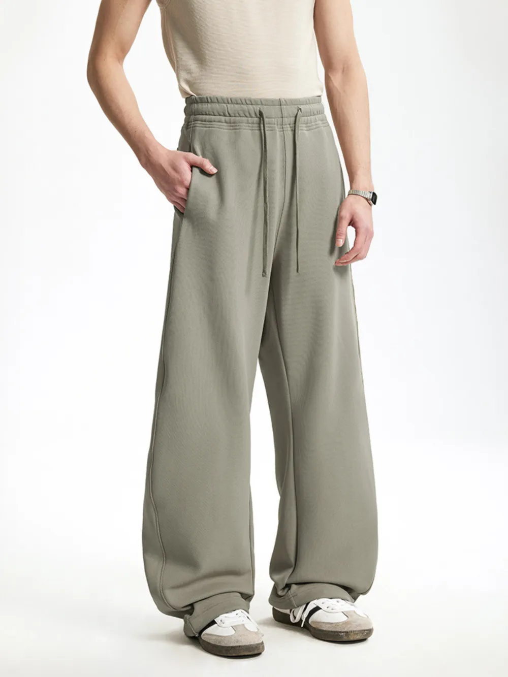 Curved-Leg Relaxed-Fit Drawstring Casual Pants