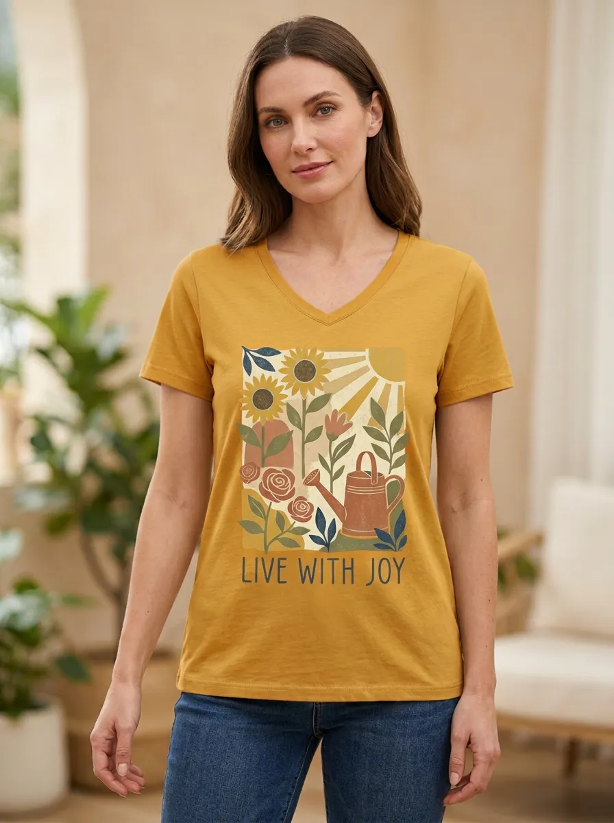 Women's Gardening Sunflower Watering Can Print T-Shirt