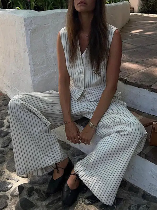 Relaxed Sleeveless Buttoned Striped Vest And Pants Set