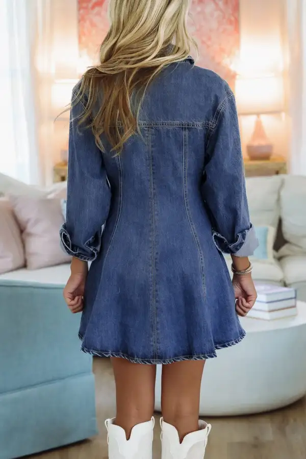 Denim Shirt Collar Long Sleeve Flared Mini Dress