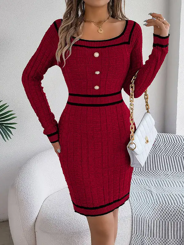 Bodycon Long Sleeve Buttoned Contrast Color Plaid Square Neck Mini Dress