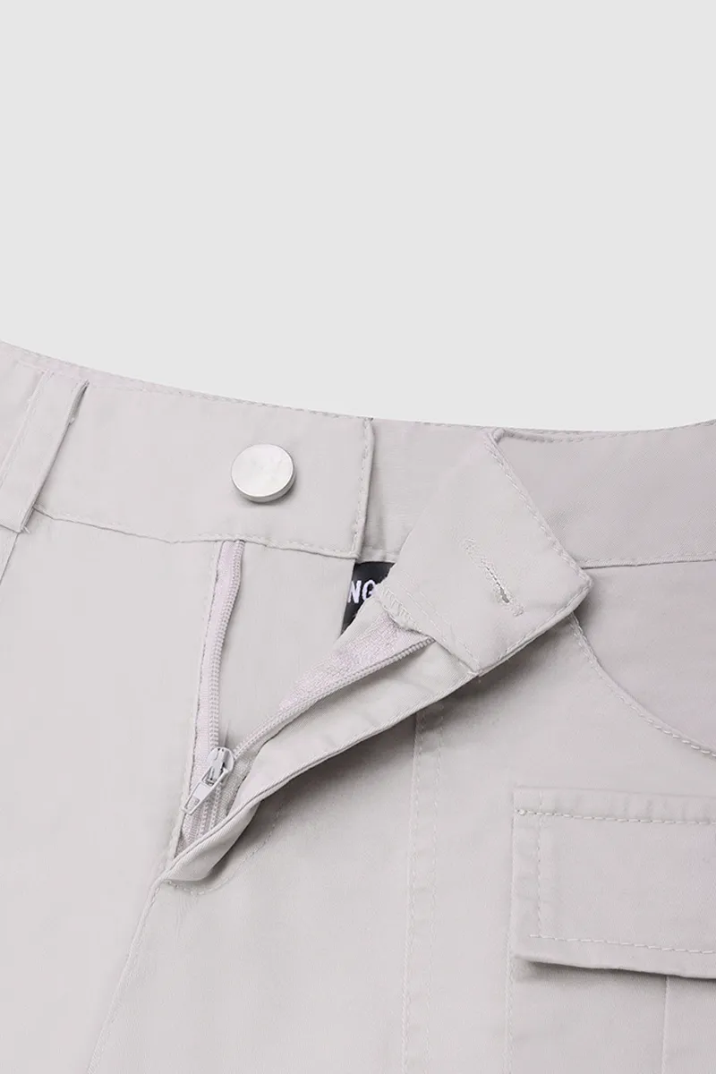 Flap Pocket Roll Tab Hem Mid Waist Shorts