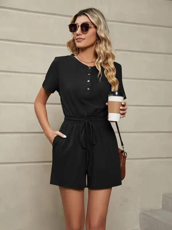 Knit Loose Short Sleeve Button Tie Shorts