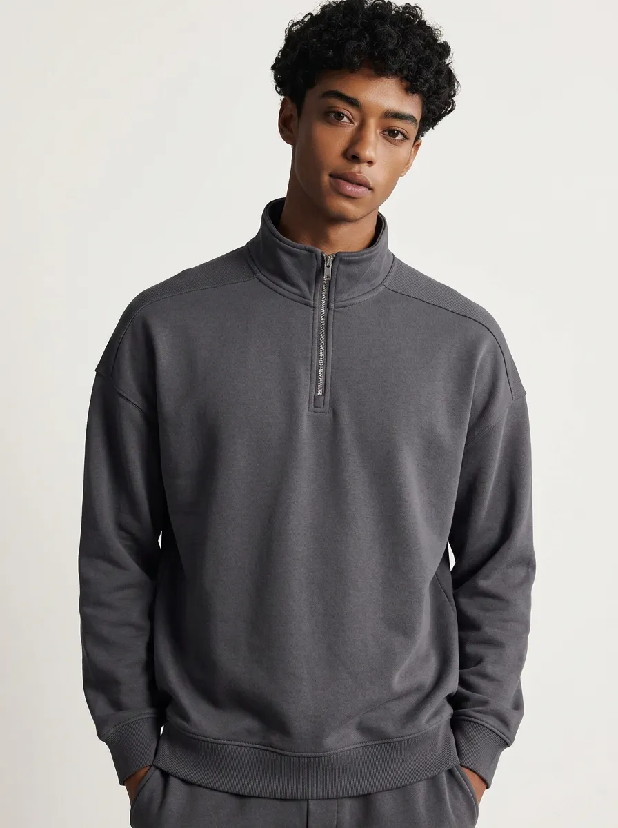 Men's Modern Minimalist Textured Stand-Collar Quarter-Zip Sweatshirt