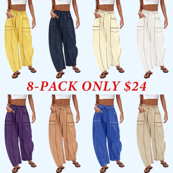 8PACKWomen'S Baggy Barrel Pants Wide Leg LoungeDrawstring Sweatpants With Pockets Minimalist BottomsCasual Style Comfortable Breathable