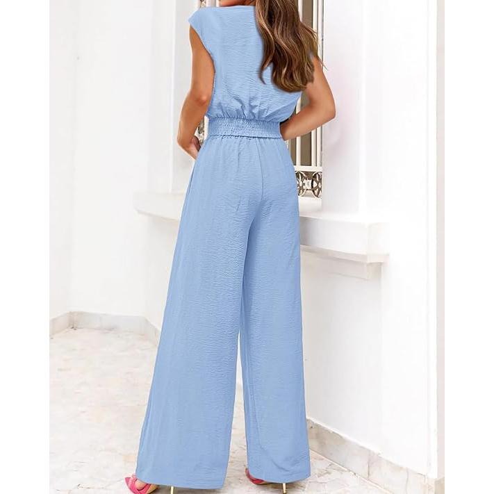 Women's two-piece tracksuit: short-sleeved V-neck cropped top with tie and wide-leg pants.