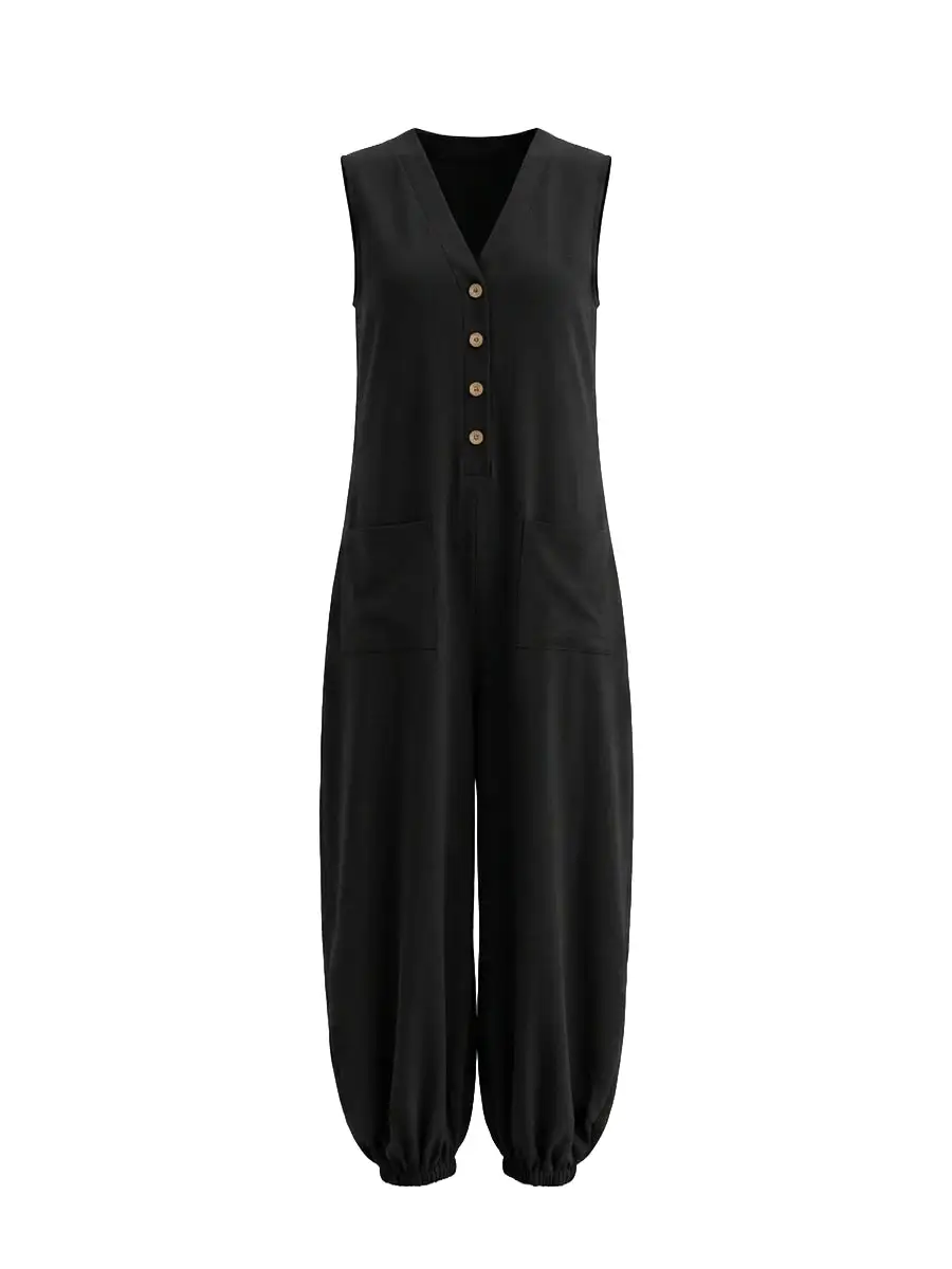 Mouwloze Jumpsuits Met Wijde Pijpen Knoopzakken En Effen