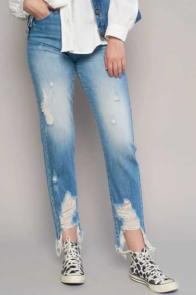 Women's High Rise Frayed Hem Ripped Girlfriend Rigid Denim Jeans