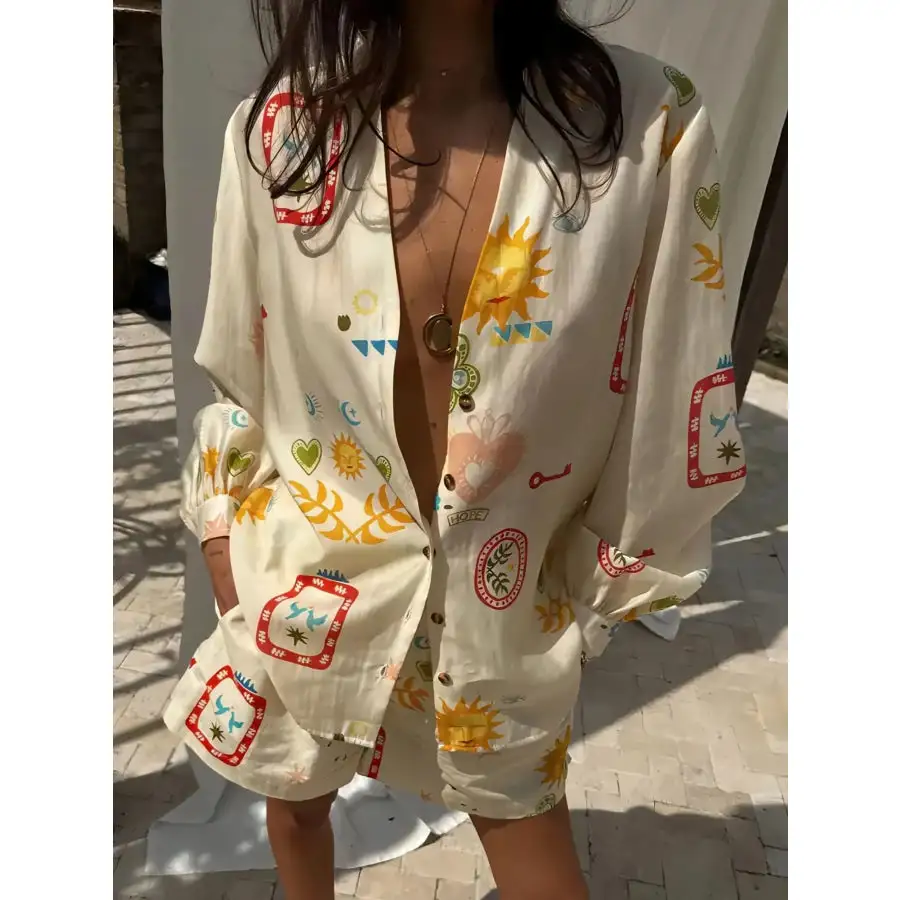 Printed Long Sleeve Shirt and Shorts Set