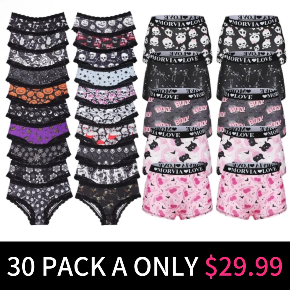 Women Cute Gothic Halloween Contrast Lace Hipster Panties, Contrast Binding Boyshorts