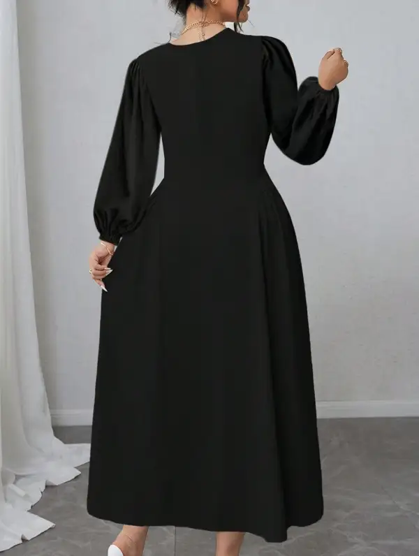 High-Waisted Round Neck Simple Puff Sleeve Dress