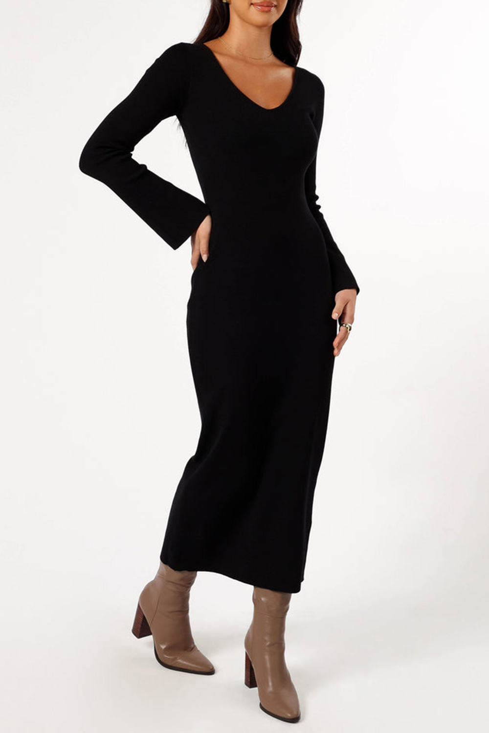 V-NECK LONG SLEEVE BLACK MIDI DRESS