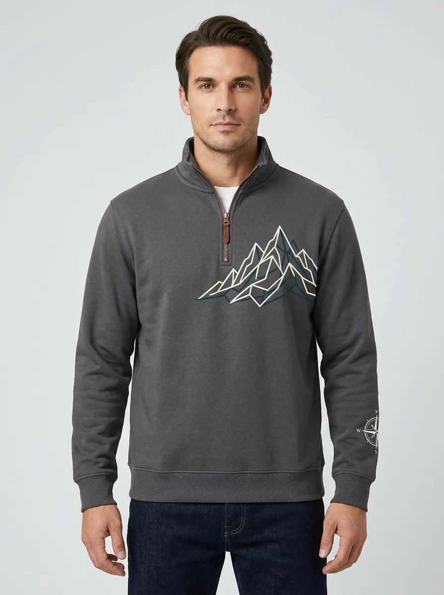 Men's Outpost Outdoor Mountain Compass Graphic Quarter-Zip-Neck Sweatshirt