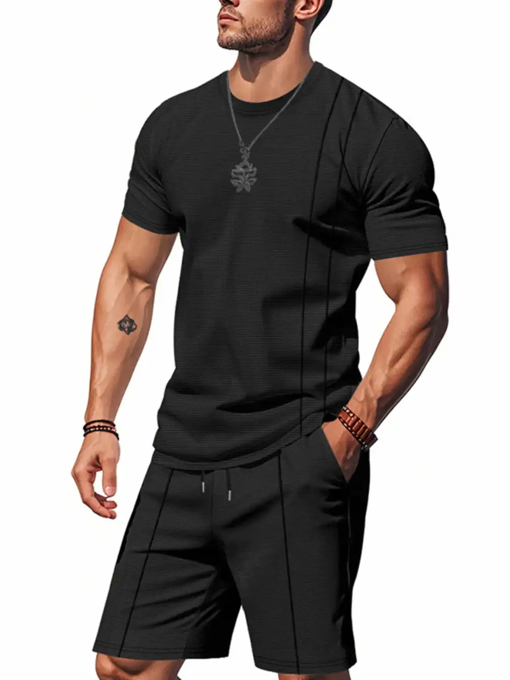 Pocketed Round-Neck Short-Sleeve Top and Shorts Sport Set