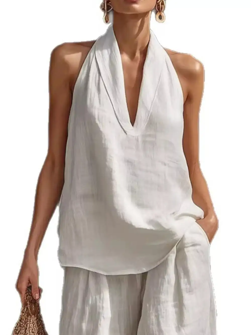 Full Size Halter Neck Top and Wide Leg Pants Set Plus Size