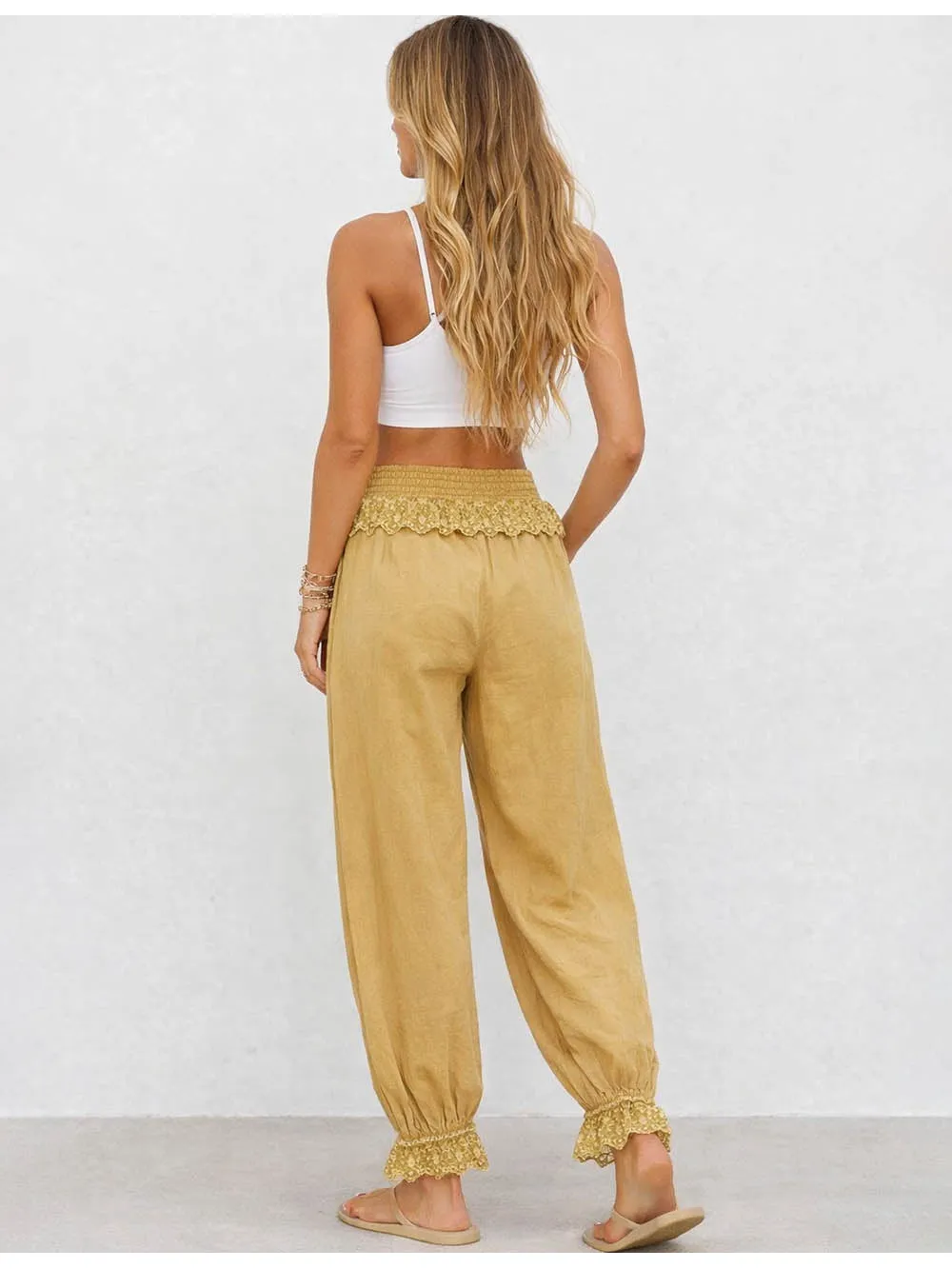 Lace Lantern Leg Elastic Waist Drawstring Pants