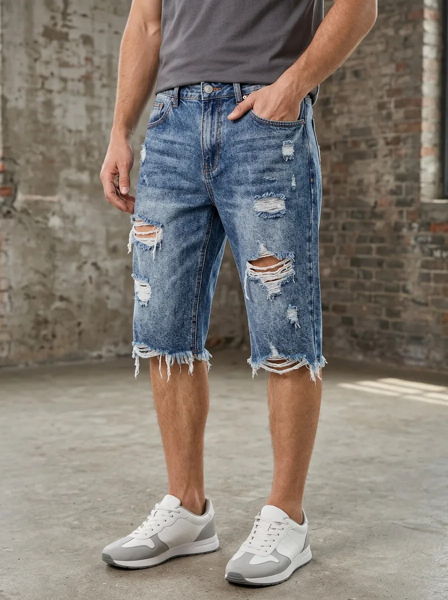 Men's Denim Raw Hem Denim Shorts Featuring Zip Fly