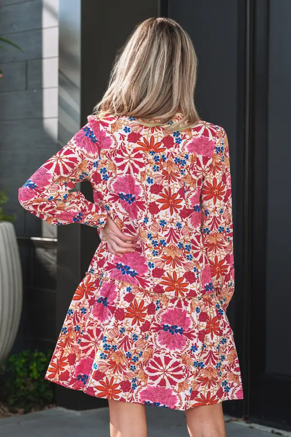 Fall Flower Print Long Sleeve Mini Dress