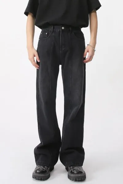 Mid-Rise Washed Elastic-Waist Stretch Straight Leg Jeans