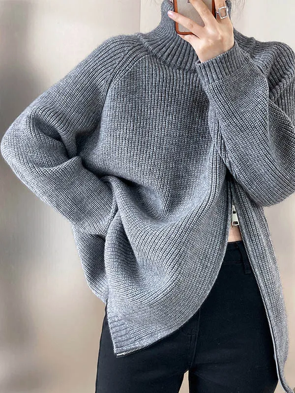 Split Hem Paneled Zip Detail High Neck Long Sleeve Sweater