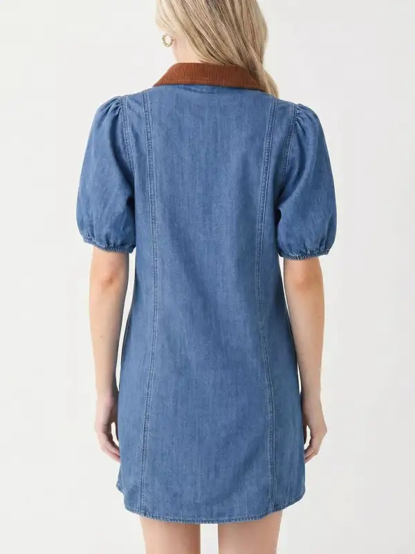 Drape Denim Button Front Short Sleeve Dress