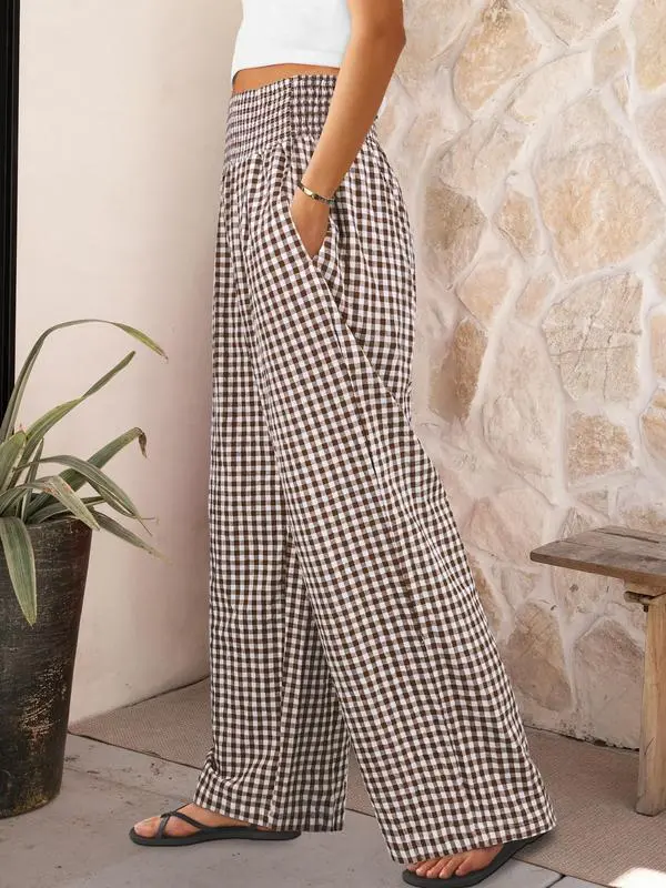 Women's High-Waisted Casual Striped And Checkered Wide-Leg Pants
