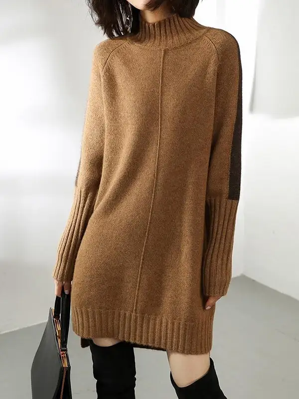 Relaxed Long Sleeve Contrast Color Half Turtleneck Sweater Dress