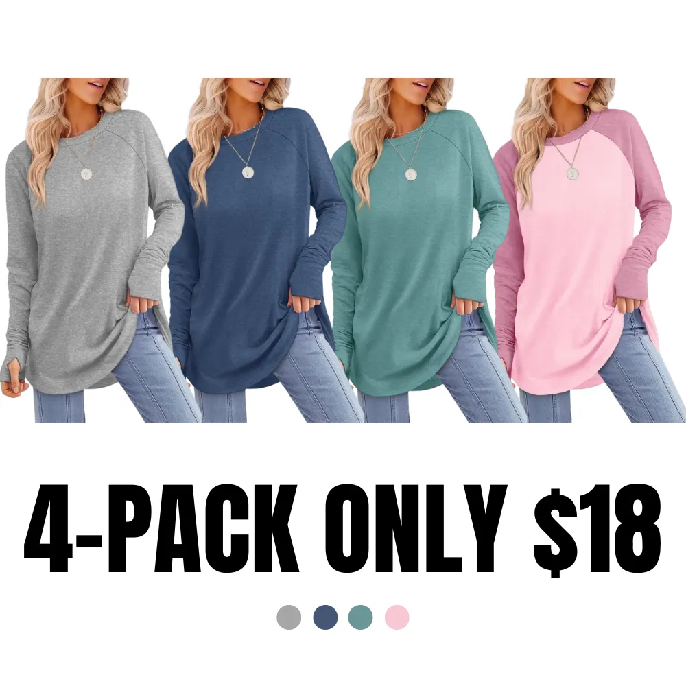 Womens Tunic Tops to Wear with Leggings Long Sleeve Thumb Hole Shirts Crew Neck Curved Hem